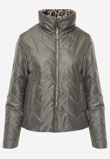 Zielona Pikowana Kurtka Dwustronna z Motywem Panterki i Naszywką Damike 6