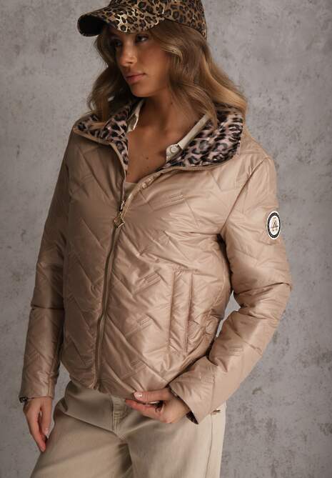Ciemnobeżowa Pikowana Kurtka Dwustronna z Motywem Panterki i Naszywką Damike 5