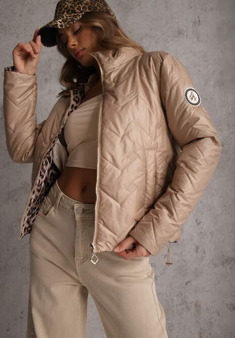 Brązowa Pikowana Kurtka Dwustronna z Motywem Panterki i Naszywką Damike