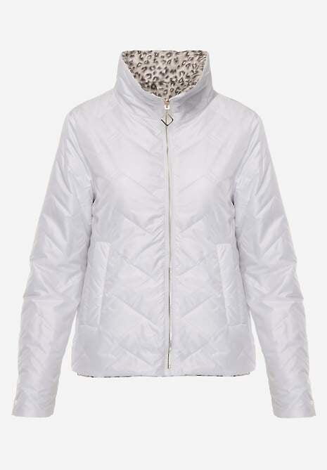 Biała Pikowana Kurtka Dwustronna z Motywem Panterki i Naszywką Damike 6