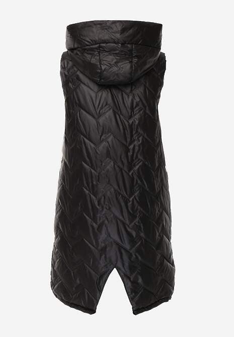 Czarna Długa Pikowana Kamizelka z Kapturem i Ozdobną Naszywką Mentape 7