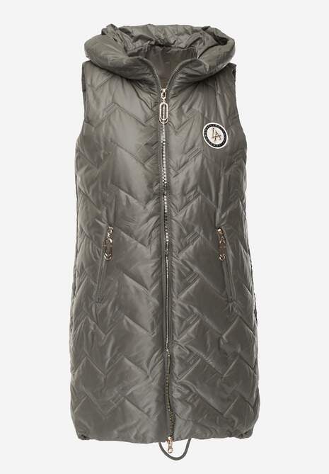 Zielona Długa Pikowana Kamizelka z Kapturem i Ozdobną Naszywką Mentape 6