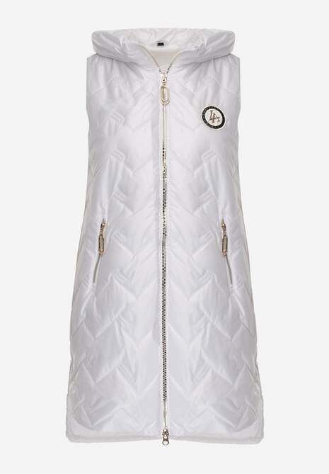 Biała Długa Pikowana Kamizelka z Kapturem i Ozdobną Naszywką Mentape 6