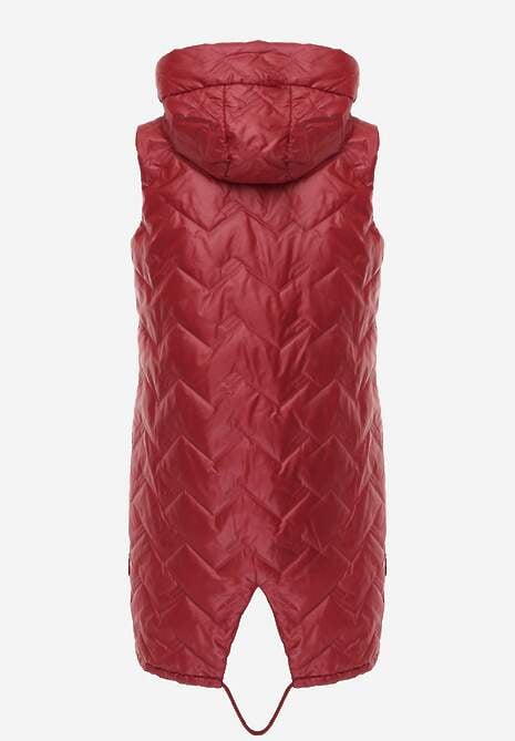Czerwona Długa Pikowana Kamizelka z Kapturem i Ozdobną Naszywką Mentape 7