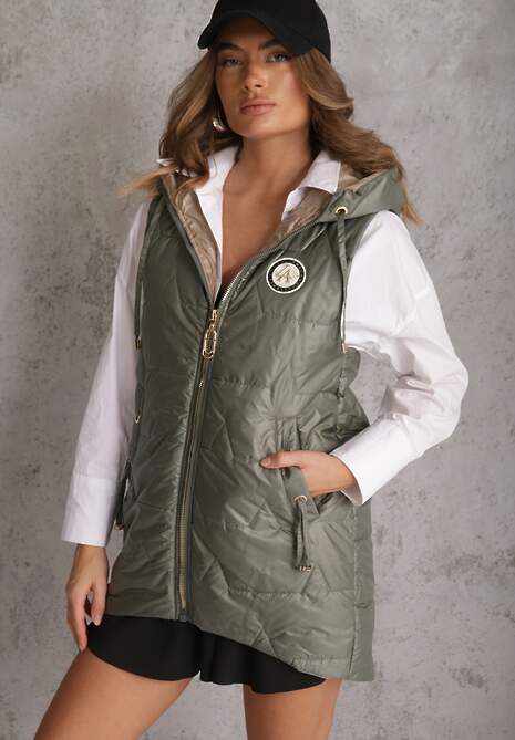 Zielona Długa Kamizelka Pikowana z Nieodpinanym Kapturem Ozdobiona Naszywką Kasseda 4