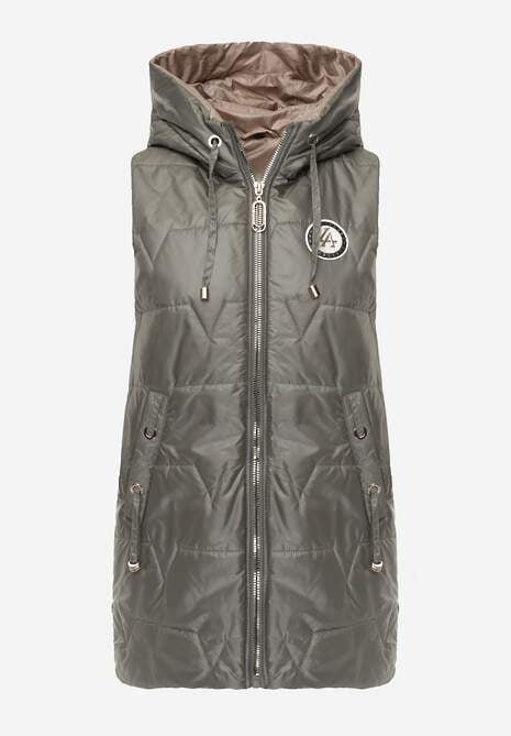 Zielona Długa Kamizelka Pikowana z Nieodpinanym Kapturem Ozdobiona Naszywką Kasseda 6