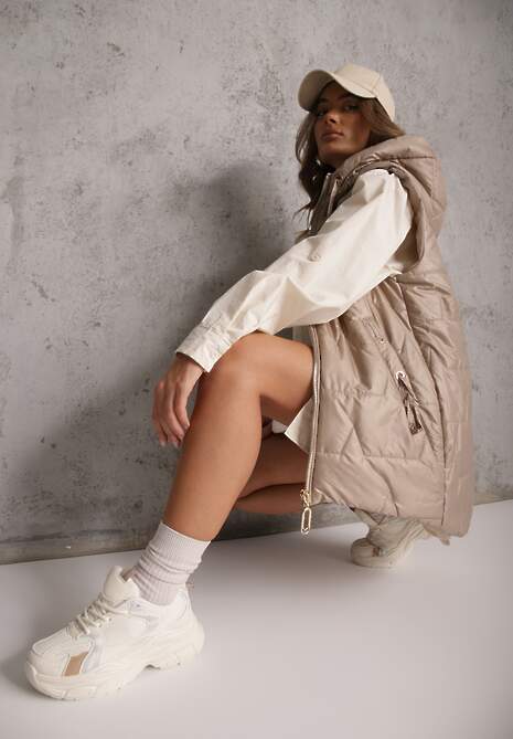 Brązowa Długa Kamizelka Pikowana z Nieodpinanym Kapturem Ozdobiona Naszywką Kasseda 4