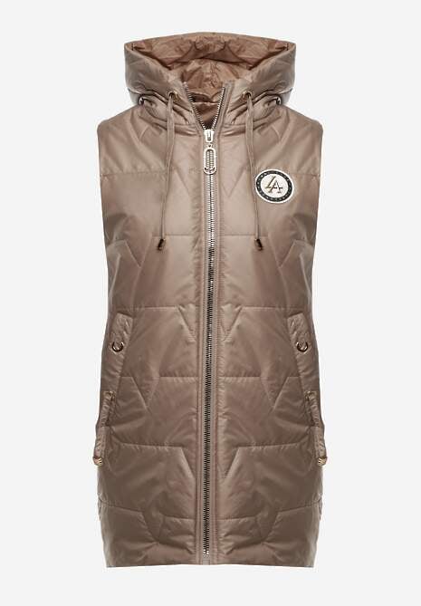 Brązowa Długa Kamizelka Pikowana z Nieodpinanym Kapturem Ozdobiona Naszywką Kasseda 6