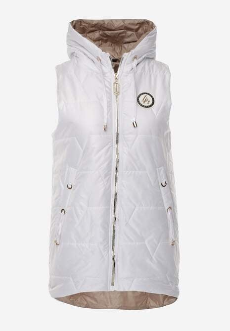 Biała Długa Kamizelka Pikowana z Nieodpinanym Kapturem Ozdobiona Naszywką Kasseda 6
