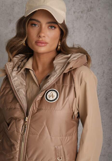 Szampańska Długa Kamizelka Pikowana z Nieodpinanym Kapturem Ozdobiona Naszywką Kasseda 5