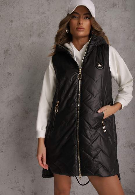 Czarna Długa Kamizelka Pikowana z Nieodpinanym Kapturem Semaea 4