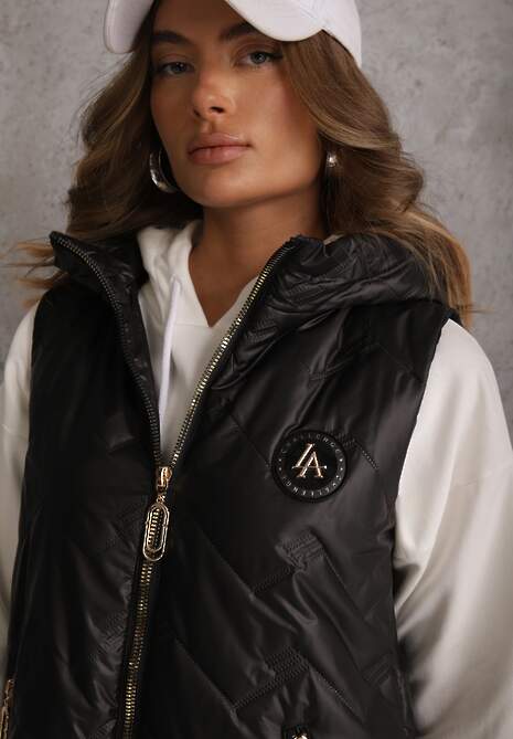 Czarna Długa Kamizelka Pikowana z Nieodpinanym Kapturem Semaea 5