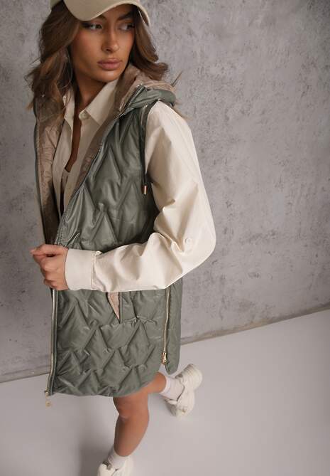 Zielona Długa Kamizelka Pikowana z Nieodpinanym Kapturem Semaea