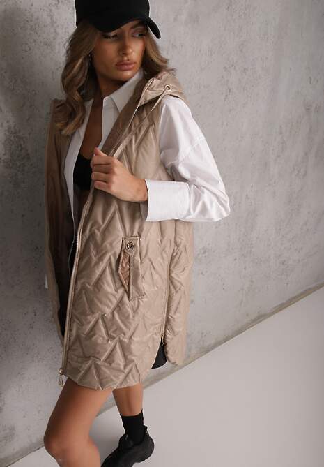 Brązowa Długa Kamizelka Pikowana z Nieodpinanym Kapturem Semaea