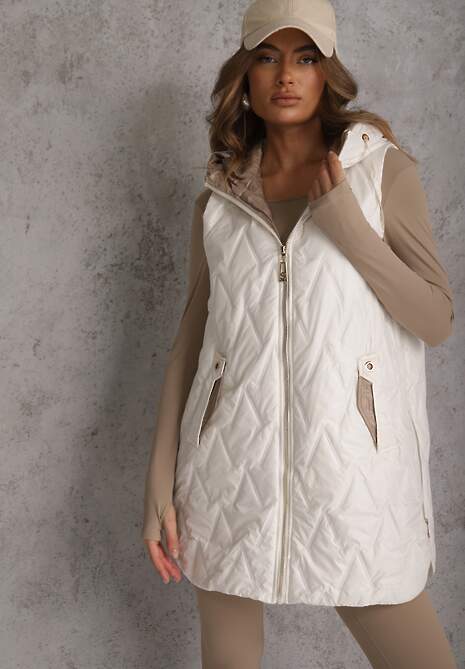 Biała Długa Kamizelka Pikowana z Nieodpinanym Kapturem Semaea 4