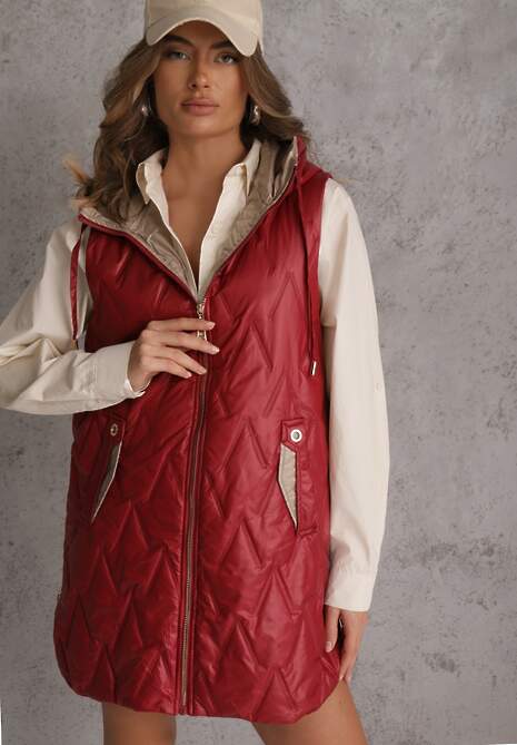 Czerwona Długa Kamizelka Pikowana z Nieodpinanym Kapturem Semaea 4