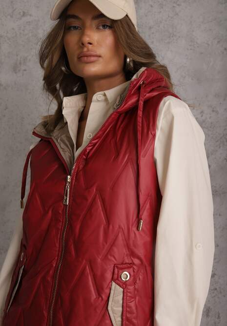 Czerwona Długa Kamizelka Pikowana z Nieodpinanym Kapturem Semaea 5