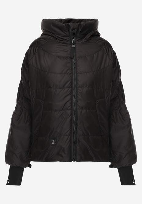 Czarna Pikowana Kurtka Puffer z Kapturem Ozdobiona Napisami Orellana 6