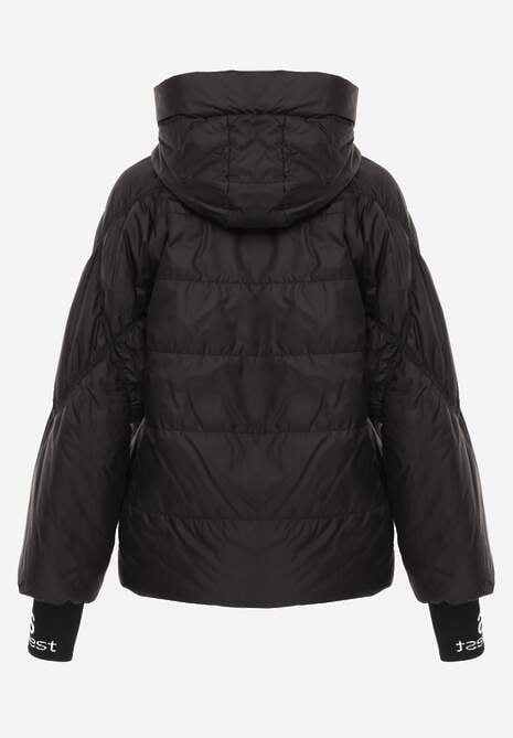 Czarna Pikowana Kurtka Puffer z Kapturem Ozdobiona Napisami Orellana 7