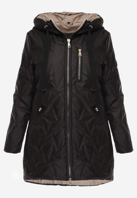 Czarna Długa Kurtka Parka Pikowana z Kapturem Ozdobiona Aplikacją Rossea 6