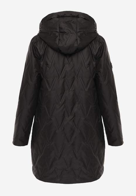 Czarna Długa Kurtka Parka Pikowana z Kapturem Ozdobiona Aplikacją Rossea 7
