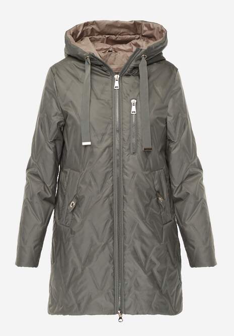 Zielona Długa Kurtka Parka Pikowana z Kapturem Ozdobiona Aplikacją Rossea 6
