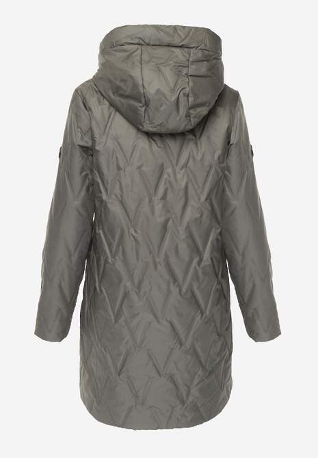 Zielona Długa Kurtka Parka Pikowana z Kapturem Ozdobiona Aplikacją Rossea 7