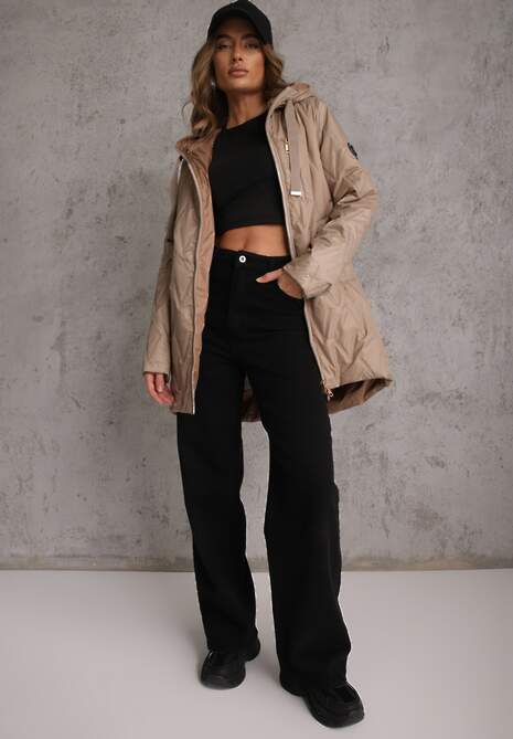 Brązowa Długa Kurtka Parka Pikowana z Kapturem Ozdobiona Aplikacją Rossea 4