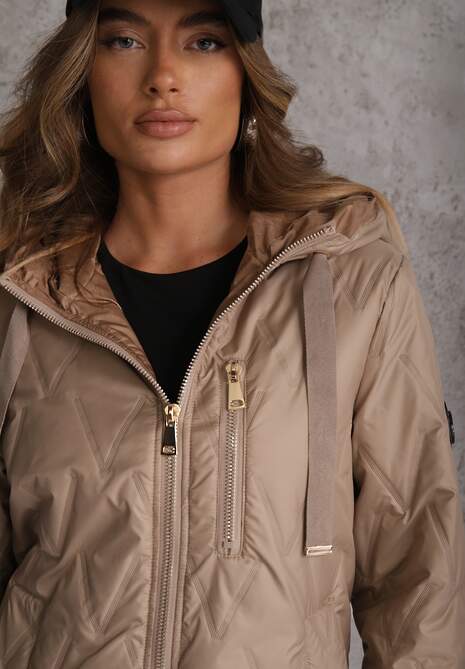 Brązowa Długa Kurtka Parka Pikowana z Kapturem Ozdobiona Aplikacją Rossea 5