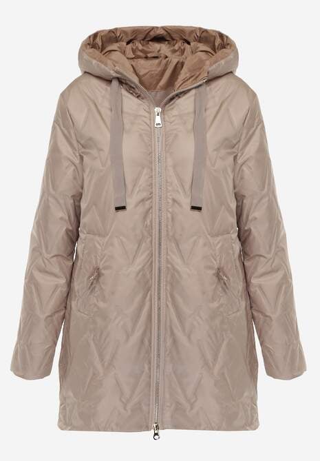 Brązowa Długa Kurtka Parka Pikowana z Kapturem Ozdobiona Aplikacją Rossea 6
