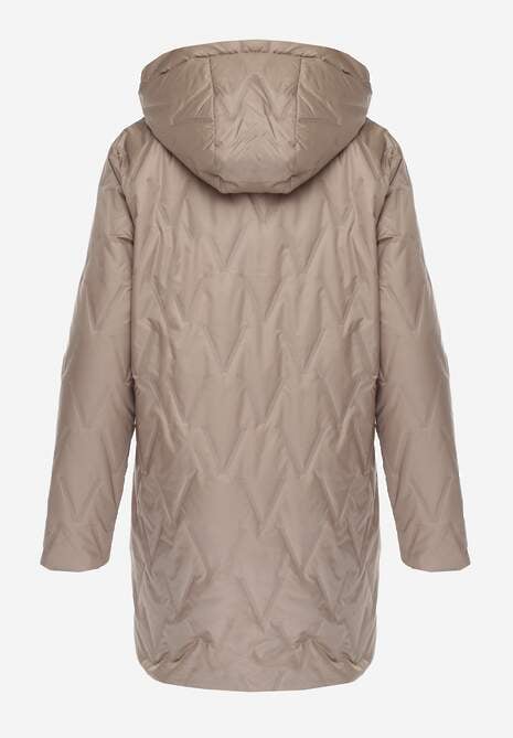 Brązowa Długa Kurtka Parka Pikowana z Kapturem Ozdobiona Aplikacją Rossea 7