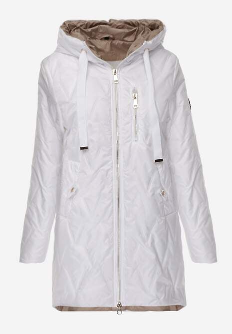Biała Długa Kurtka Parka Pikowana z Kapturem Ozdobiona Aplikacją Rossea 6