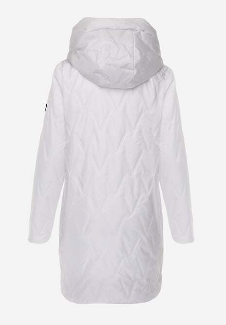 Biała Długa Kurtka Parka Pikowana z Kapturem Ozdobiona Aplikacją Rossea 7