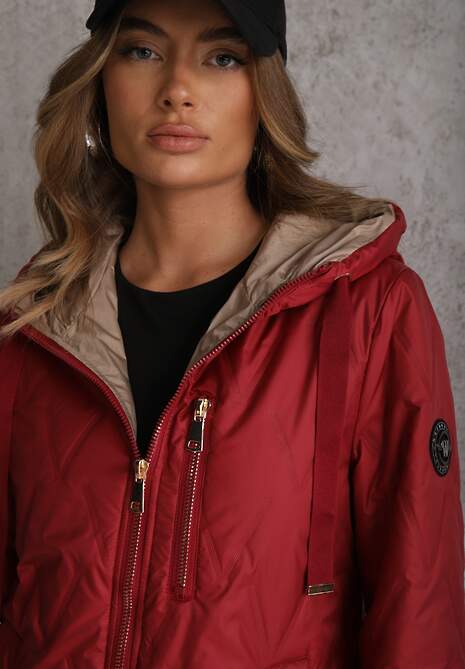 Czerwona Długa Kurtka Parka Pikowana z Kapturem Ozdobiona Aplikacją Rossea 5
