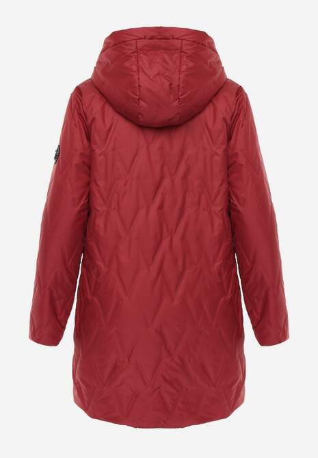 Czerwona Długa Kurtka Parka Pikowana z Kapturem Ozdobiona Aplikacją Rossea 7