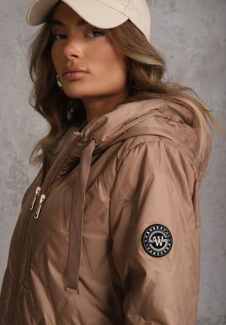 Szampańska Długa Kurtka Parka Pikowana z Kapturem Ozdobiona Aplikacją Rossea 5