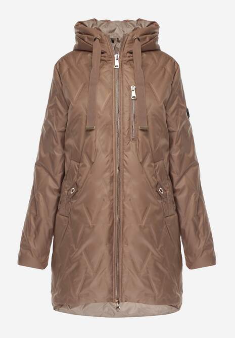Szampańska Długa Kurtka Parka Pikowana z Kapturem Ozdobiona Aplikacją Rossea 6