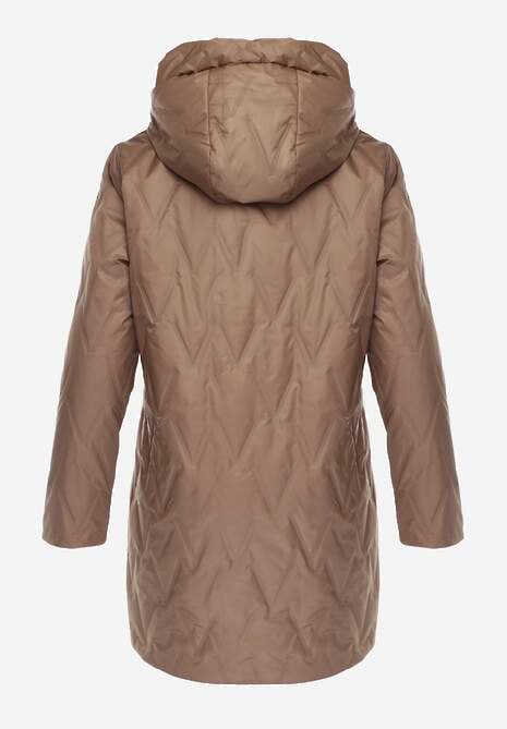 Szampańska Długa Kurtka Parka Pikowana z Kapturem Ozdobiona Aplikacją Rossea 7