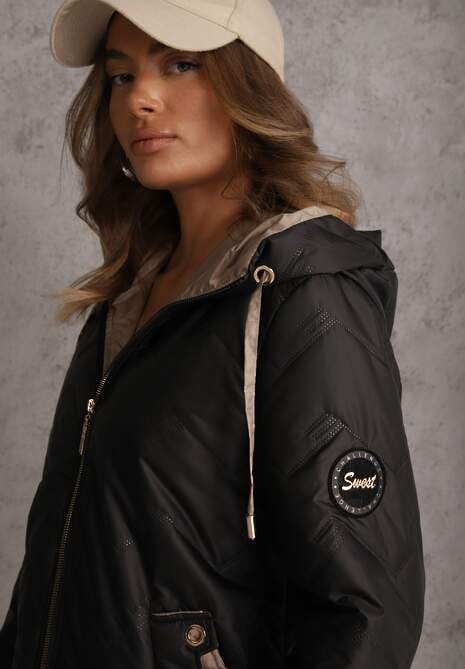 Czarna Kurtka Przejściowa z Pikowanymi Przeszyciami Kieszeniami i Kapturem Fliphe 5