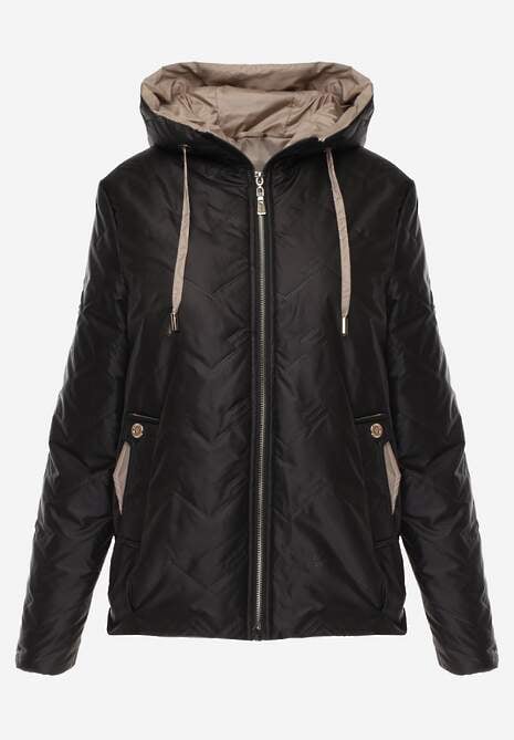 Czarna Kurtka Przejściowa z Pikowanymi Przeszyciami Kieszeniami i Kapturem Fliphe 6