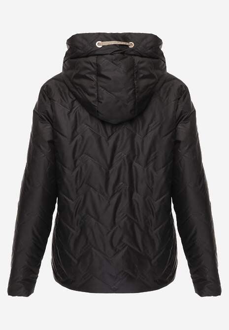 Czarna Kurtka Przejściowa z Pikowanymi Przeszyciami Kieszeniami i Kapturem Fliphe 7