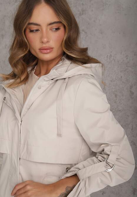 Beżowa Kurtka Przejściowa Typu Parka z Odpinanym Kapturem Ozdobiona Sznurkami Fallaiah 5