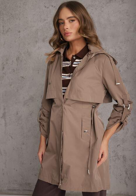 Ciemnobeżowa Kurtka Przejściowa Typu Parka z Odpinanym Kapturem Ozdobiona Sznurkami Fallaiah 4