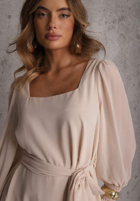 Beżowa Sukienka VICES z Półtransparentnymi Rękawami Wiązania w Talii Resmosa 5