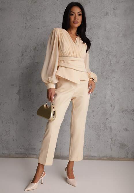 Beżowe Klasyczne Spodnie VICES Garniturowe High Waist Dimaia