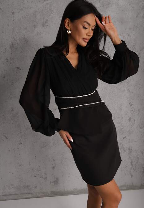 Czarna Bluzka VICES w Kopertowym Stylu z Luźnymi Transparentnymi Rękawami i Dekoltem V Inge 4