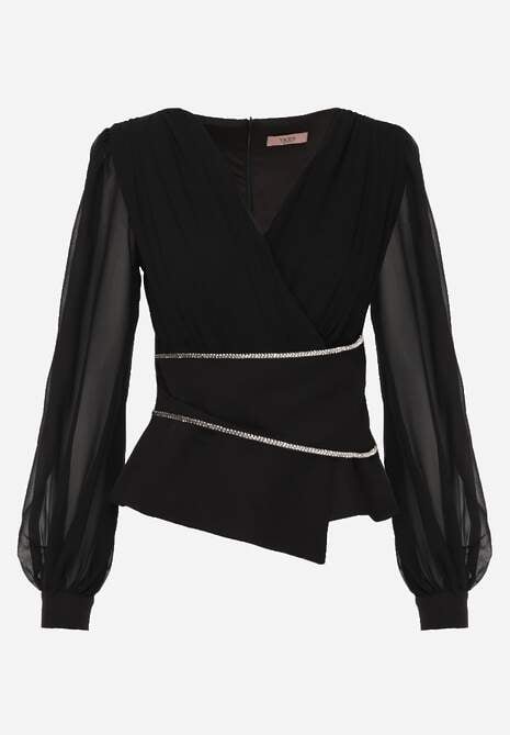 Czarna Bluzka VICES w Kopertowym Stylu z Luźnymi Transparentnymi Rękawami i Dekoltem V Inge 6