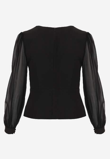 Czarna Bluzka VICES w Kopertowym Stylu z Luźnymi Transparentnymi Rękawami i Dekoltem V Inge 7