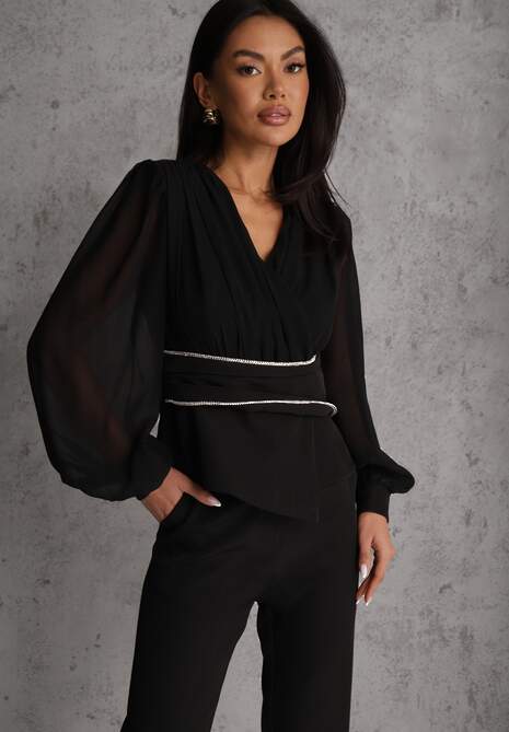Czarna Bluzka VICES w Kopertowym Stylu z Luźnymi Transparentnymi Rękawami i Dekoltem V Inge