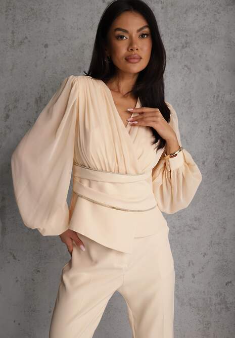 Beżowa Bluzka VICES w Kopertowym Stylu z Luźnymi Transparentnymi Rękawami i Dekoltem V Inge